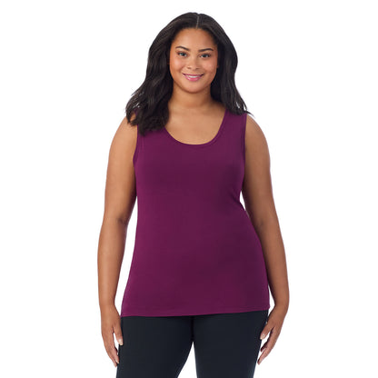 Dark Purple; Model is wearing size 1X. She is 5'11", Bust 36", Waist 36.5", Hips 47.5". @A lady wearing dark purple sleeveless reversible tank plus.