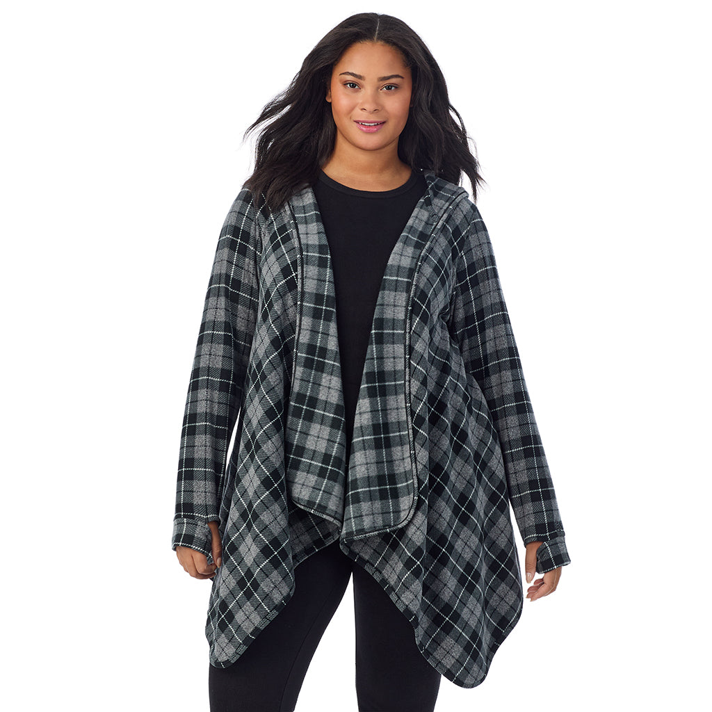 Charcoal Heather Tartan; Model is wearing size 1X. She is 5'11", Bust 36", Waist 36.5", Hips 47.5" @ A Lady is wearing Charcoal Heather Tartan Fleecewear With Stretch Long Sleeve Hooded Wrap-up PLUS!94% Recycled Polyester, 6% Spandex!