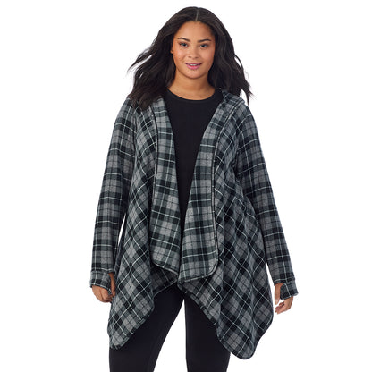 Charcoal Heather Tartan; Model is wearing size 1X. She is 5'11", Bust 36", Waist 36.5", Hips 47.5" @ A Lady is wearing Charcoal Heather Tartan Fleecewear With Stretch Long Sleeve Hooded Wrap-up PLUS!94% Recycled Polyester, 6% Spandex!
