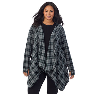  A Lady is wearing Charcoal Heather Tartan Fleecewear With Stretch Long Sleeve Hooded Wrap-up PLUS!94% Recycled Polyester, 6% Spandex!