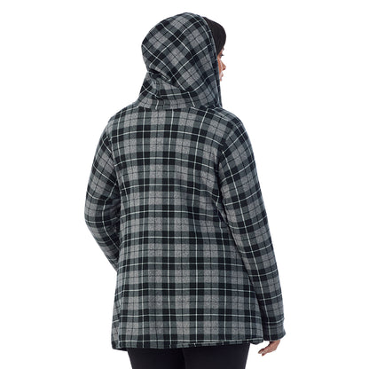 Charcoal Heather Tartan; Model is wearing size 1X. She is 5'11", Bust 36", Waist 36.5", Hips 47.5" @ A Lady is wearing Charcoal Heather Tartan Fleecewear With Stretch Long Sleeve Hooded Wrap-up PLUS!94% Recycled Polyester, 6% Spandex!