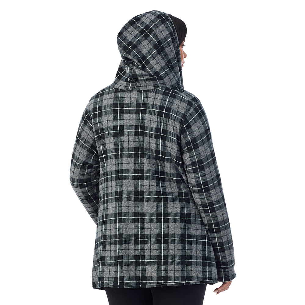 A Lady is wearing Charcoal Heather Tartan Fleecewear With Stretch Long Sleeve Hooded Wrap-up PLUS!94% Recycled Polyester, 6% Spandex!
