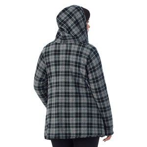  A Lady is wearing Charcoal Heather Tartan Fleecewear With Stretch Long Sleeve Hooded Wrap-up PLUS!94% Recycled Polyester, 6% Spandex!