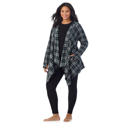 Charcoal Heather Tartan; Model is wearing size 1X. She is 5'11", Bust 36", Waist 36.5", Hips 47.5" @ A Lady is wearing Charcoal Heather Tartan Fleecewear With Stretch Long Sleeve Hooded Wrap-up PLUS!94% Recycled Polyester, 6% Spandex!