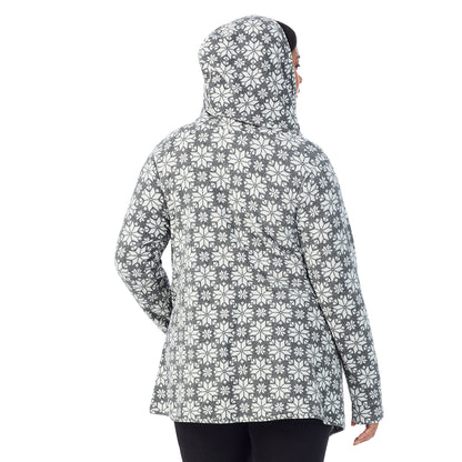 Charcoal Heather Nordic; Model is wearing size 1X. She is 5'11", Bust 36", Waist 36.5", Hips 47.5" @ A Lady is wearing Charcoal Heather Nordic Fleecewear With Stretch Long Sleeve Hooded Wrap-up PLUS!94% Recycled Polyester, 6% Spandex!