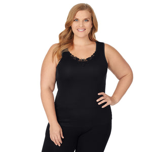 A lady wearing black softtech venice lace detail cami plus.