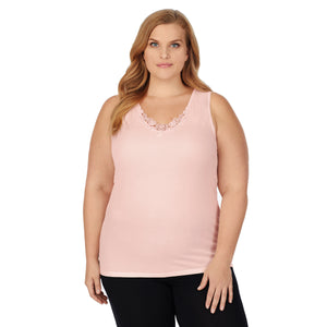 A lady wearing soft pink softtech venice lace detail cami plus.
