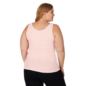 A lady wearing soft pink softtech venice lace detail cami plus.