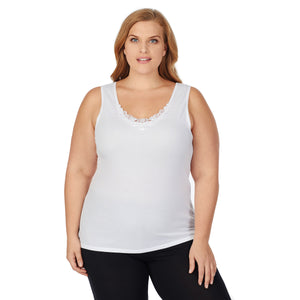 A lady wearing white softtech venice lace detail cami plus.