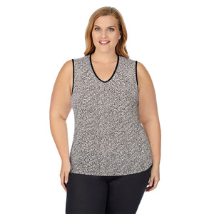A lady wearing a sleeveless lace edge V-Neck tank plus with animal print.