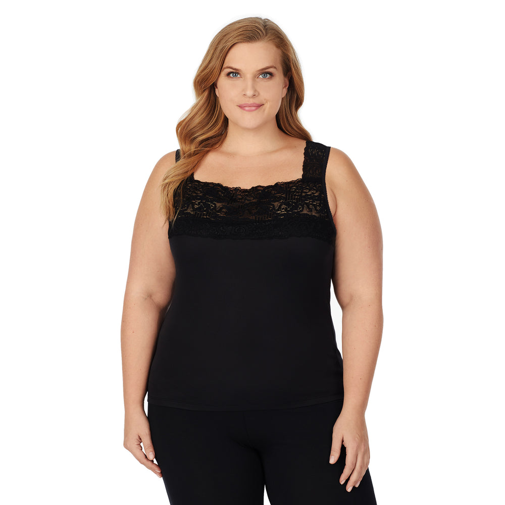 A lady wearing black lace cami