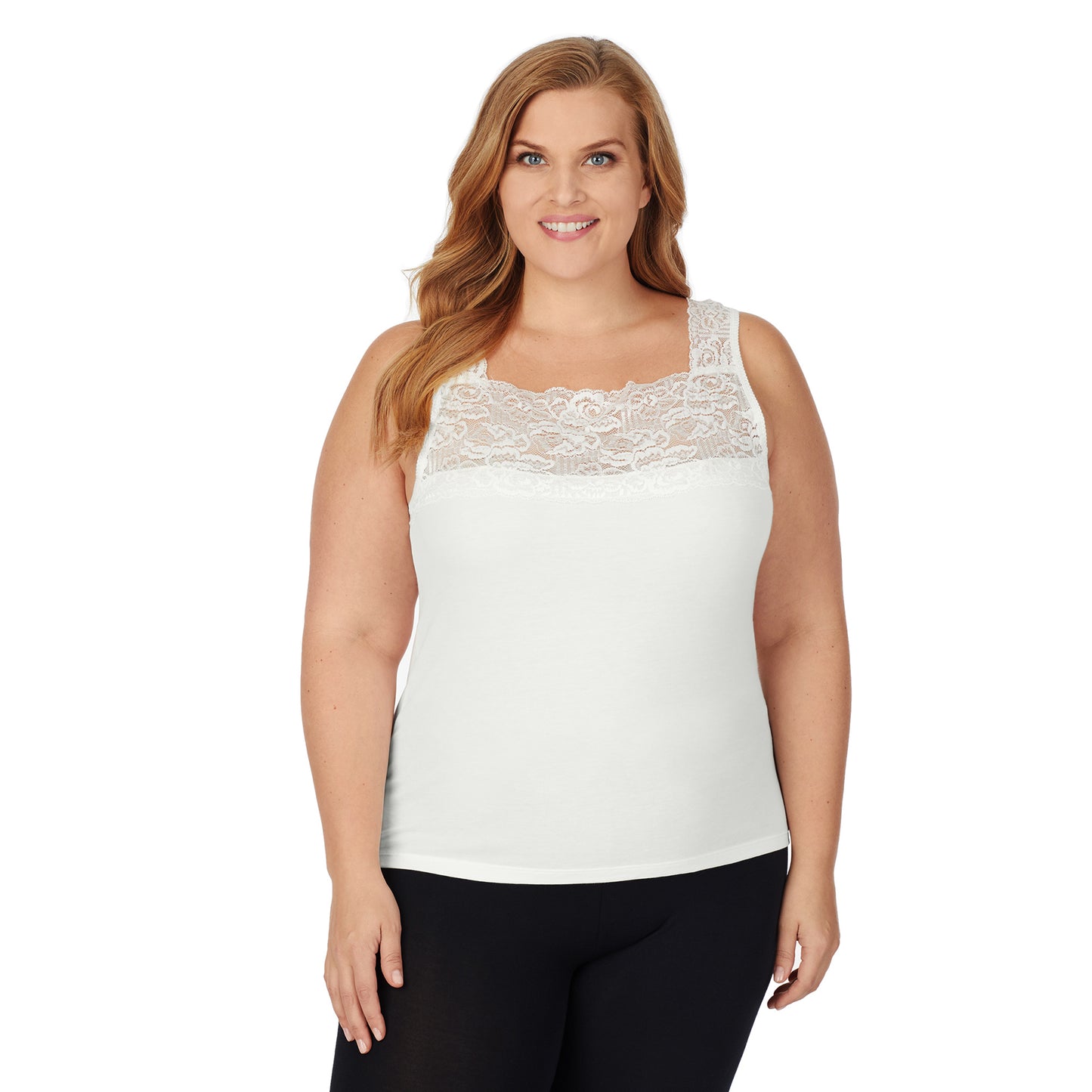 Ivory; Model is wearing size 1x. She is 5'9", Bust 38", Waist 36", Hips 48.5". @A lady wearing ivory lace cami