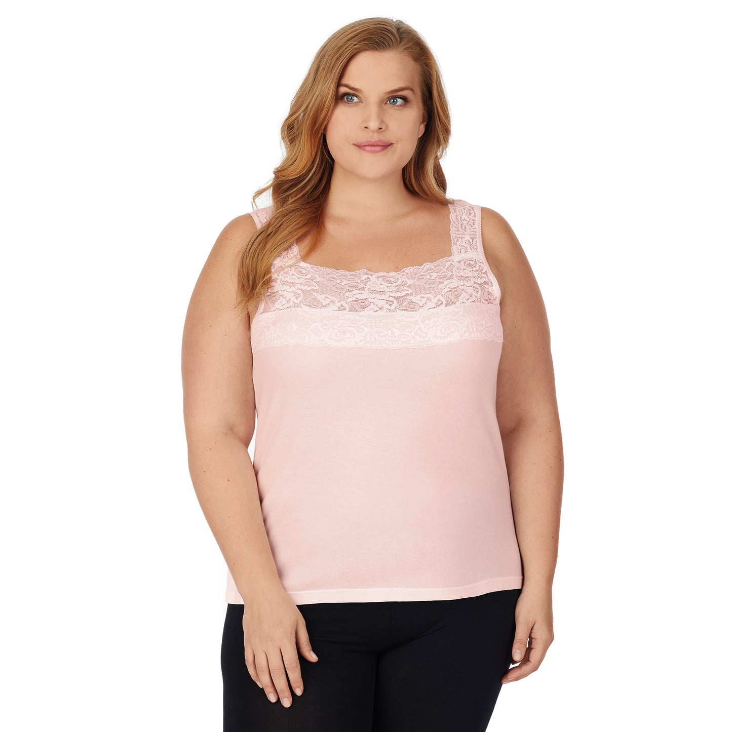Soft pink; Model is wearing size 1x. She is 5'9", Bust 38", Waist 36", Hips 48.5". @A lady wearing soft pink lace cami