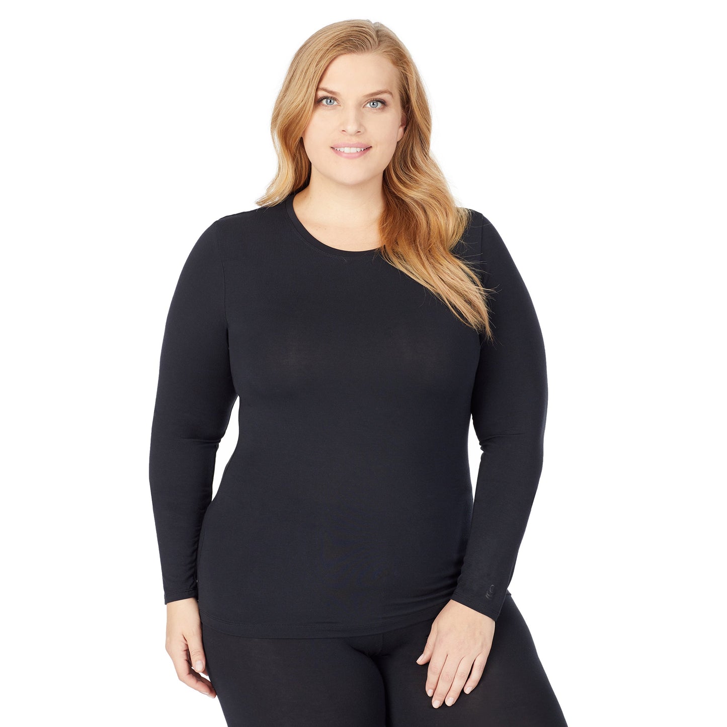 Black; Model is wearing size 1X. She is 5'9", Bust 38", Waist 36", Hips 48.5". @A lady wearing a black long sleeve stretch crew plus.