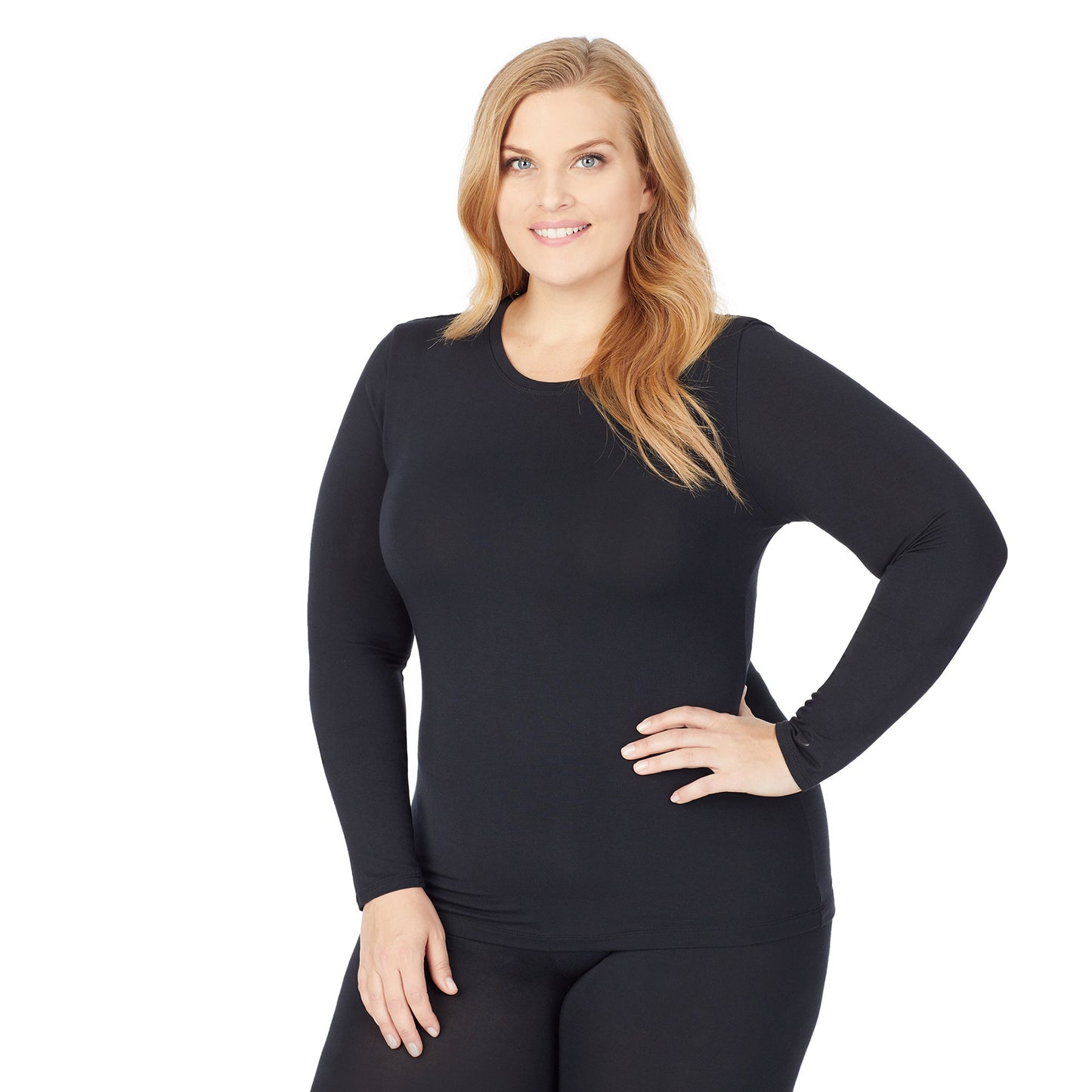 Black; Model is wearing size 1X. She is 5'9", Bust 38", Waist 36", Hips 48.5".@A lady wearing a black long sleeve stretch crew plus.