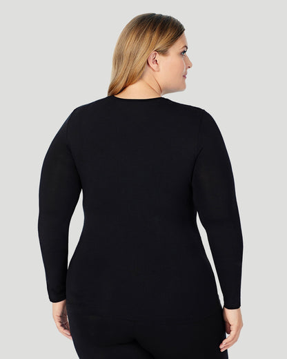 A lady wearing Softwear With Stretch Long Sleeve Crew PLUS in Black back view back view