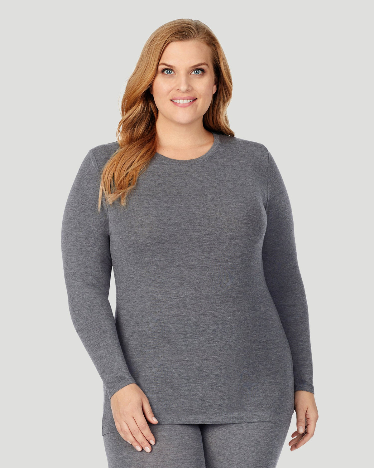 Charcoal Heather;@A lady wearing Softwear With Stretch Long Sleeve Crew PLUS in Charcoal Heather  