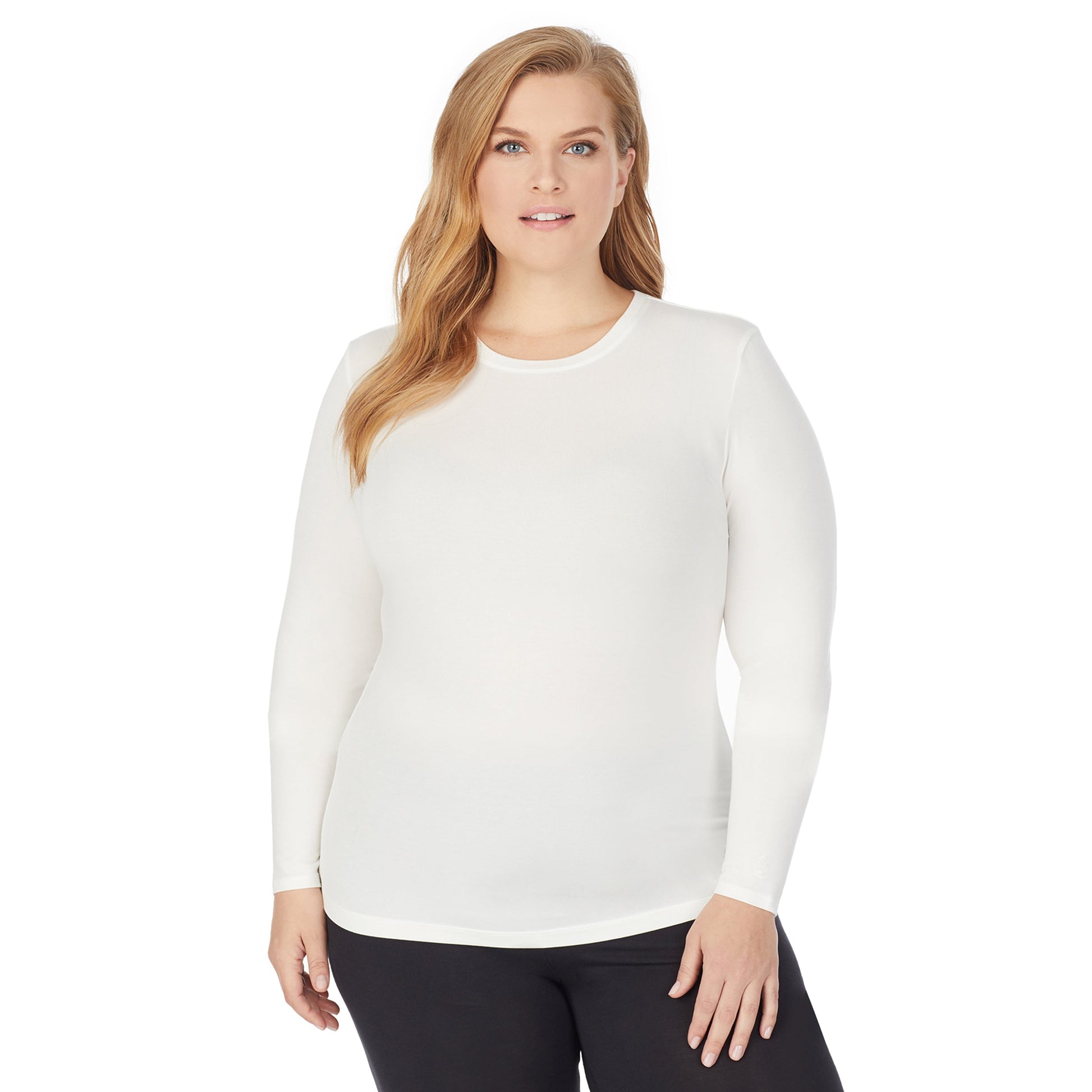 A lady wearing a ivory long sleeve stretch crew plus.