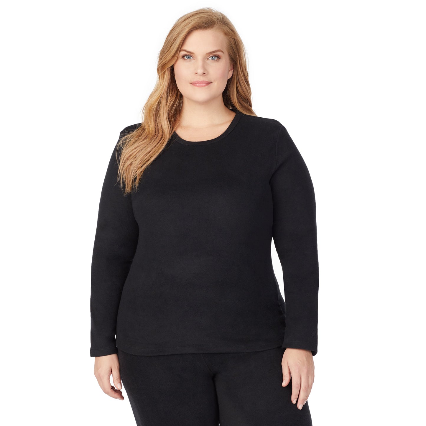 Black; Model is wearing size 1X. She is 5'9", Bust 38", Waist 36", Hips 48.5".@Upper body of a lady wearing black long sleeve crew