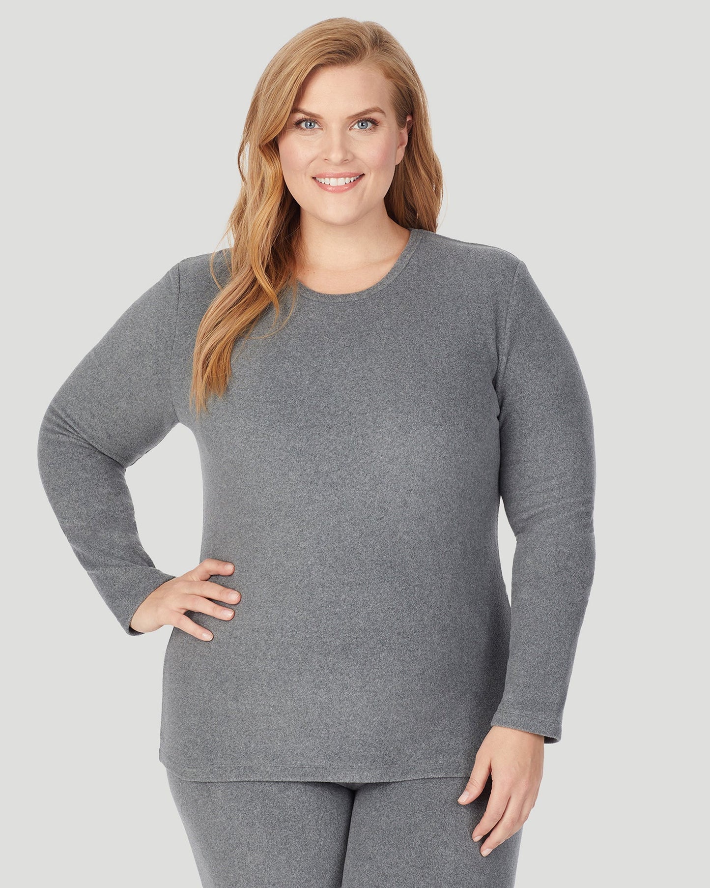 Charcoal Heather;@A lady wearing Fleecewear With Stretch Long Sleeve Crew PLUS in Charcoal Heather side view side view