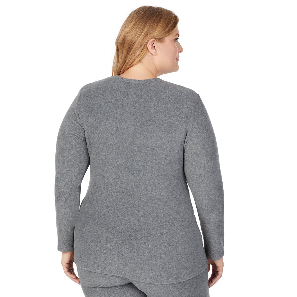 A lady wearing Fleecewear With Stretch Long Sleeve Crew PLUS in Charcoal Heather back view back view