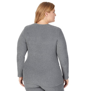 A lady wearing Fleecewear With Stretch Long Sleeve Crew PLUS in Charcoal Heather back view back view