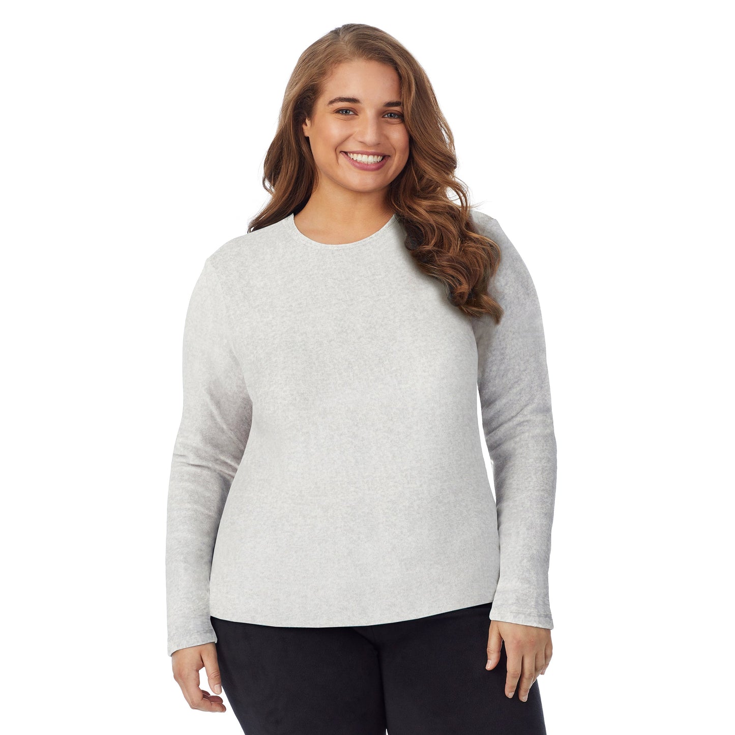 Light Grey Heather; Model is wearing size 1X. She is 5'7", Bust 42.5", Waist 34.5", Hips 46".@Upper body of a lady wearing light grey long sleeve crew