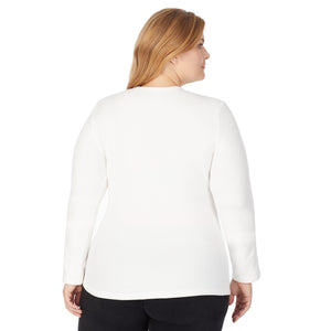 A lady wearing Fleecewear With Stretch Long Sleeve Crew PLUS in Off White back view back view