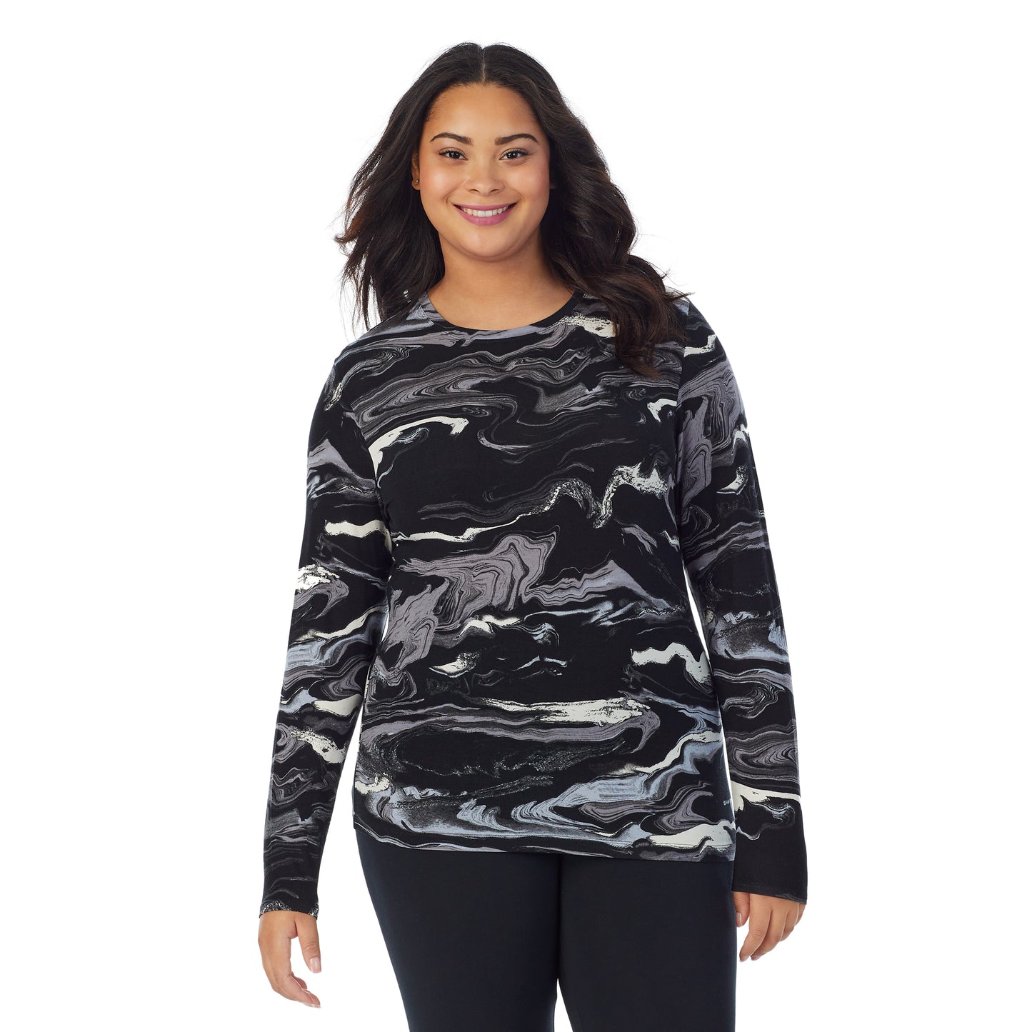 Black & White Marble;Model is wearing size 1X. She is 5'11", Bust 36", Waist 36.5", Hips 47.5".@A lady wearing a black and white marble long sleeve stretch crew plus.