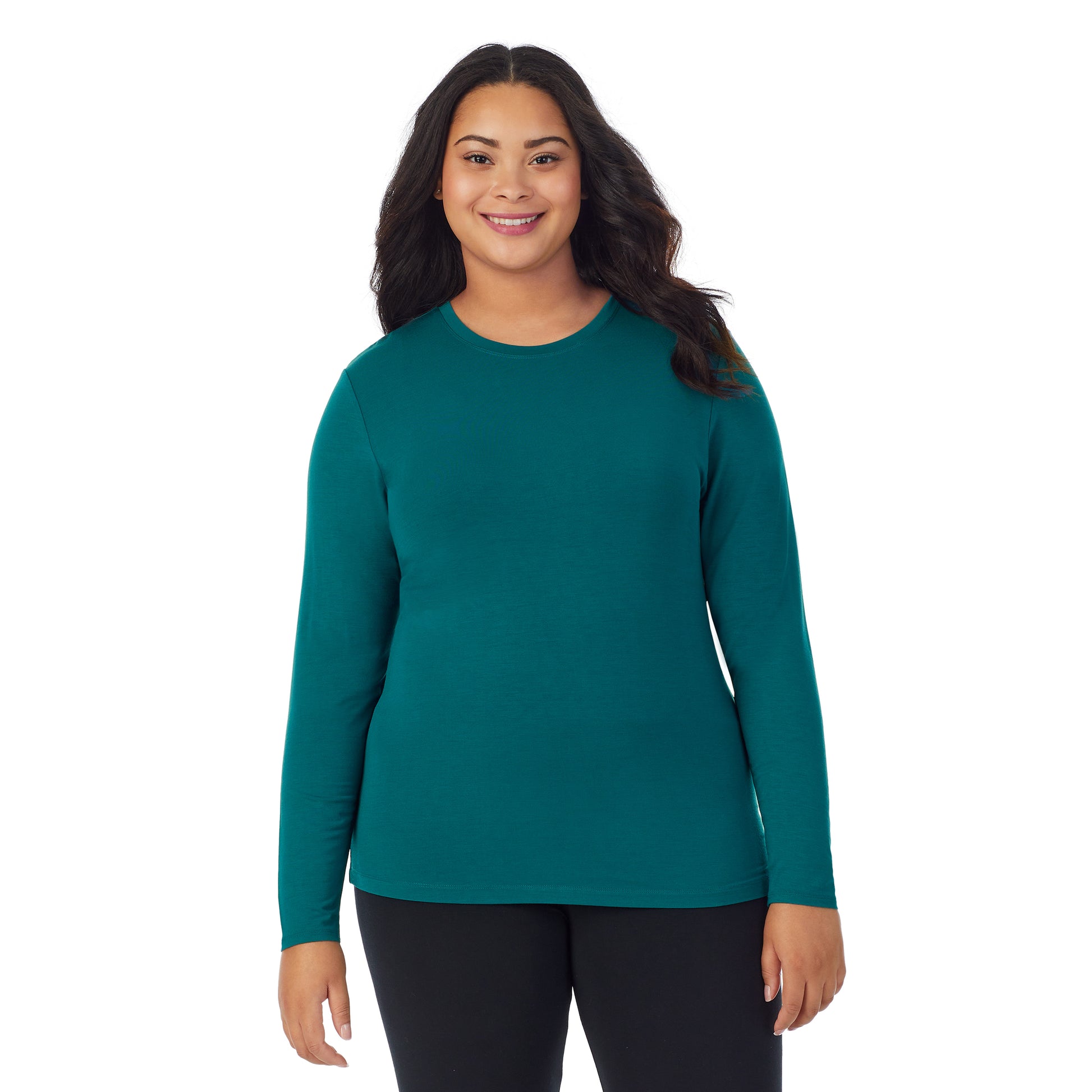 Teal Lagoon;Model is wearing size 1X. She is 5'11", Bust 36", Waist 36.5", Hips 47.5". @A lady wearing a Teal Lagoon long sleeve stretch crew plus.