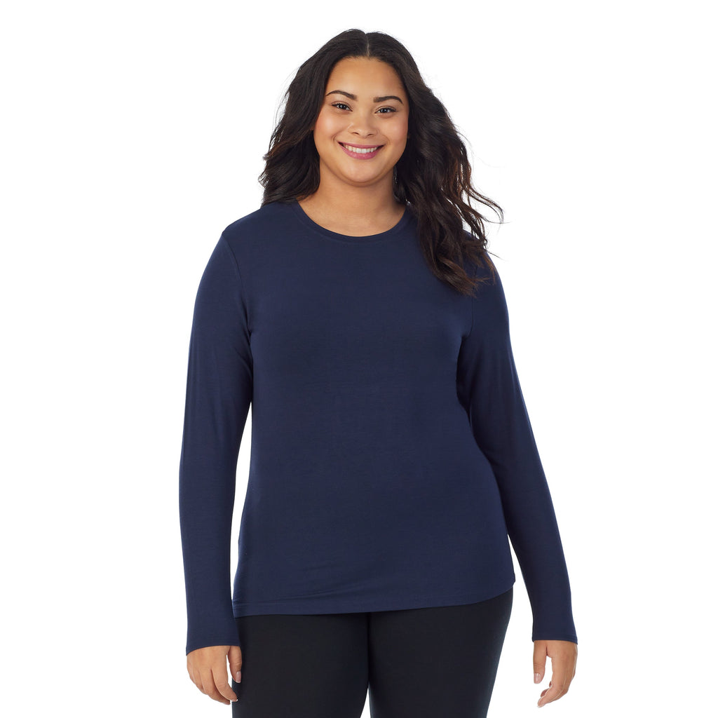 A lady wearing Softwear With Stretch Long Sleeve Crew PLUS in Navy Blazer  