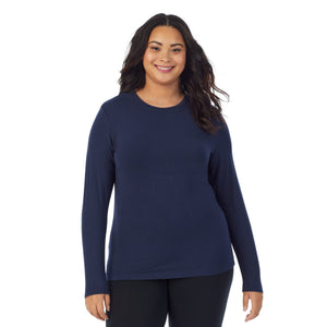 A lady wearing Softwear With Stretch Long Sleeve Crew PLUS in Navy Blazer  