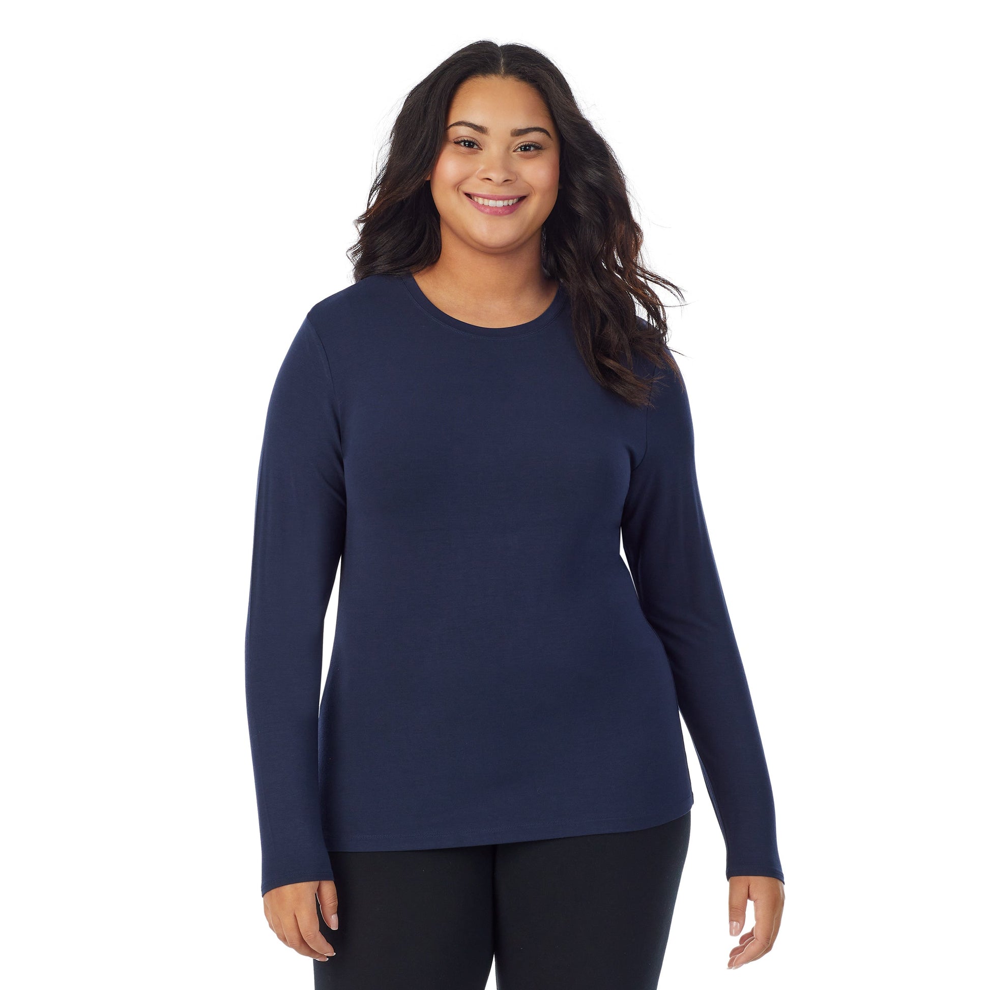 A lady wearing a navy blazer long sleeve stretch crew plus.