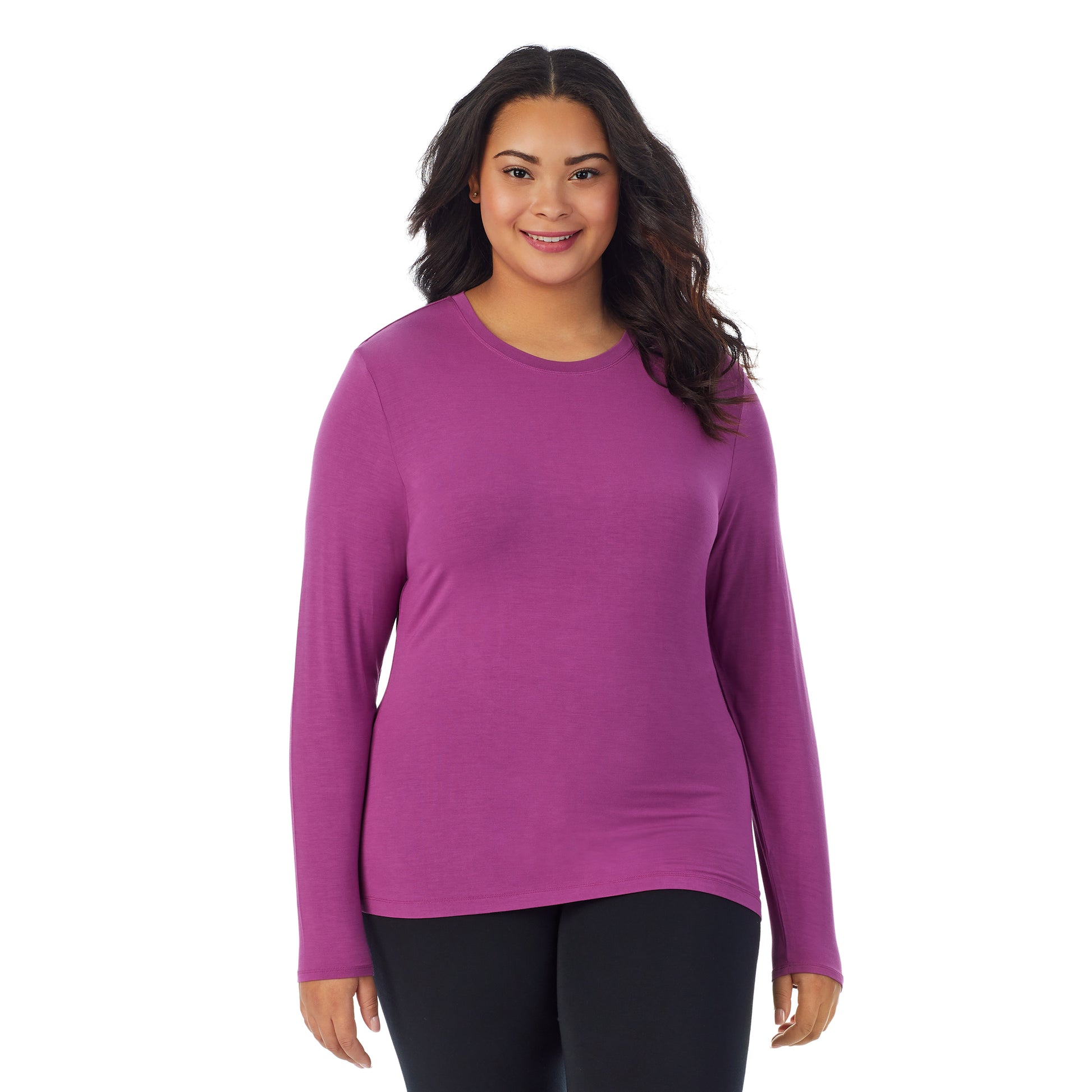 Purple Radiance;Model is wearing size 1X. She is 5'11", Bust 36", Waist 36.5", Hips 47.5". @A lady wearing a purple radiance long sleeve stretch crew plus.