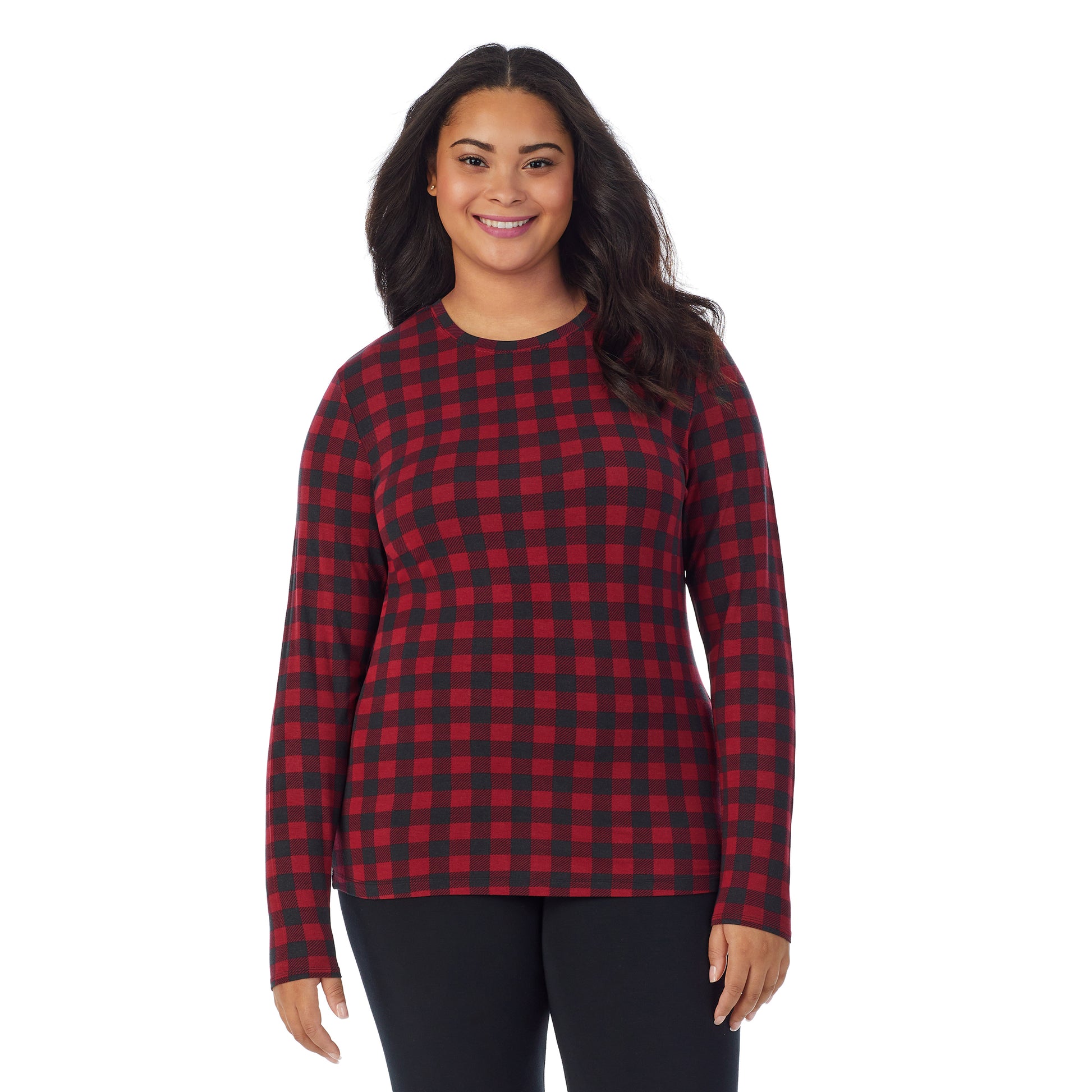 Red Buffalo;Model is wearing size 1X. She is 5'11", Bust 36", Waist 36.5", Hips 47.5". @A lady wearing a Red Buffalo long sleeve stretch crew plus.