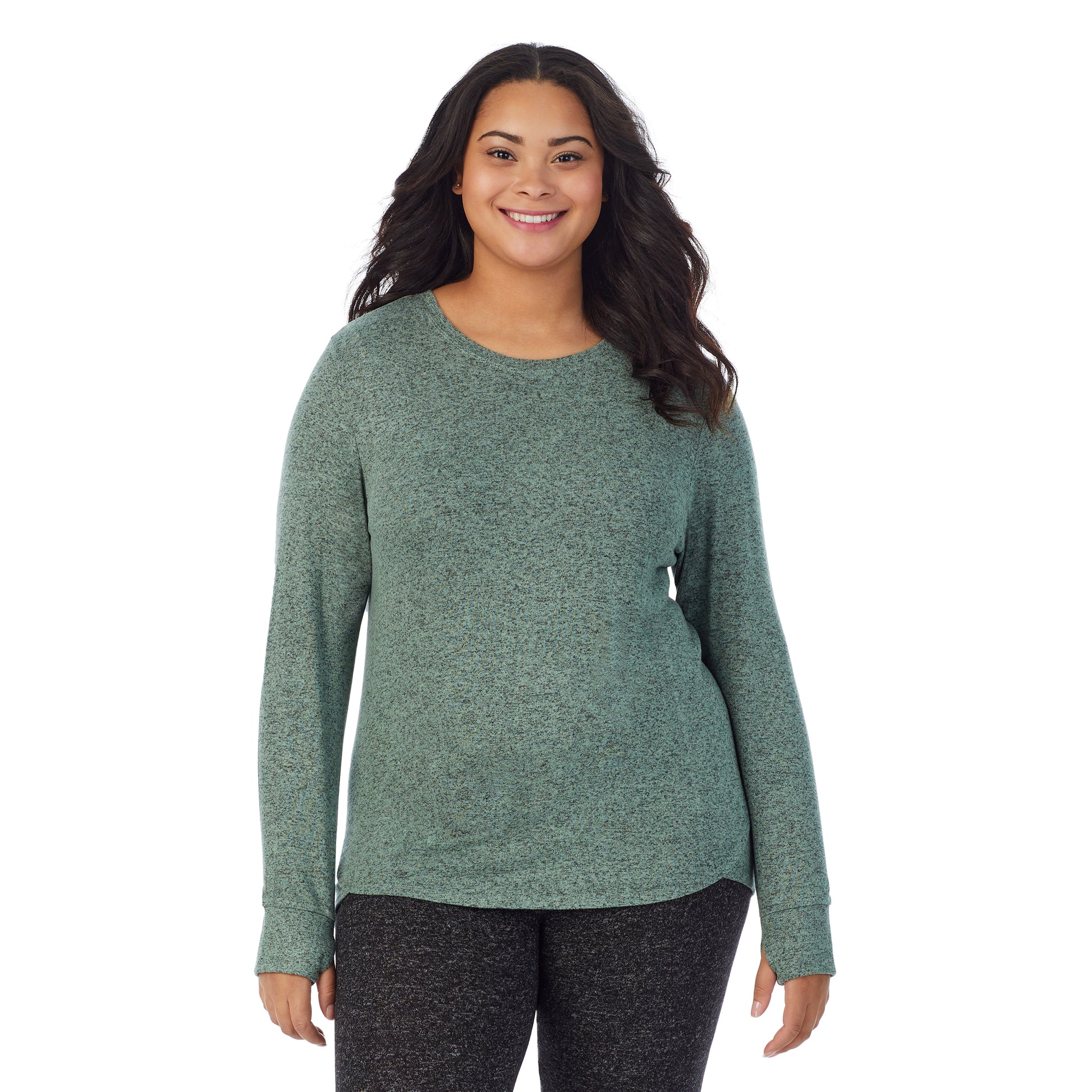 Marled Soft Olive; Model is wearing size 1X. She is 5’11”, Bust 36”, Waist 36.5”, Hips 47.5”. @A lady wearing a Marled Soft Olive long sleeve crew plus.
