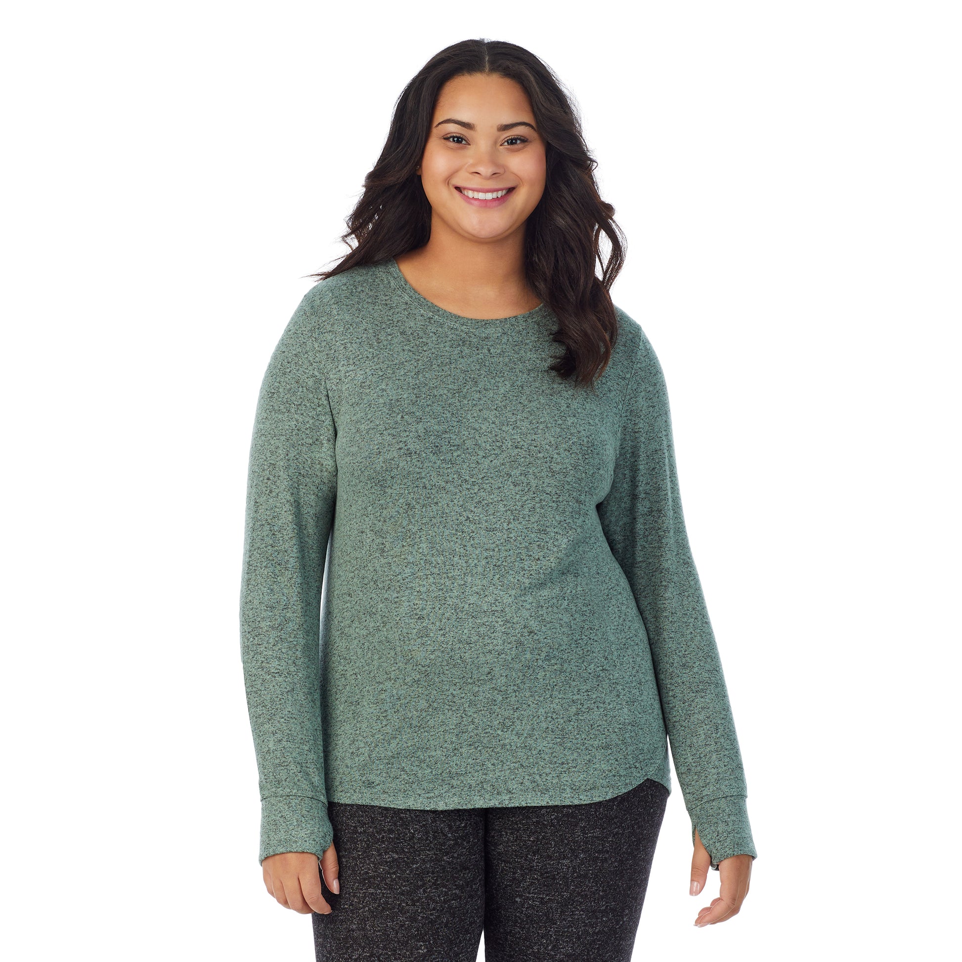 Marled Soft Olive; Model is wearing size 1X. She is 5’11”, Bust 36”, Waist 36.5”, Hips 47.5”. @A lady wearing a Marled Soft Olive long sleeve crew plus.