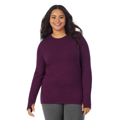 Purple Beet Heather;Model is wearing size 1X. She is 5’11”, Bust 36”, Waist 36.5”, Hips 47.5”.@ A lady wearing purple beet heather Ultra Cozy Long Sleeve Crew PLUS