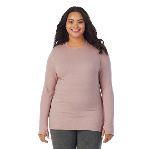 Mauve Shadow Heather;Model is wearing size 1X. She is 5’11”, Bust 36”, Waist 36.5”, Hips 47.5”.@ A lady wearing mauve shadow heather Ultra Cozy Long Sleeve Crew PLUS