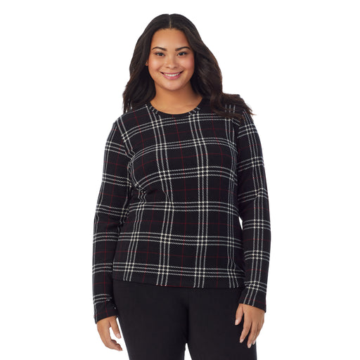 Black Plaid;Model is wearing size 1X. She is 5’11”, Bust 36”, Waist 36.5”, Hips 47.5”.@A lady wearing black plaid fleecewear with stretch long sleeve crew plus.