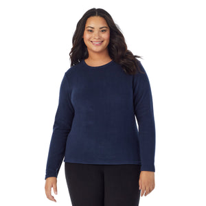 A lady wearing Fleecewear With Stretch Long Sleeve Crew PLUS in Navy Blazer  