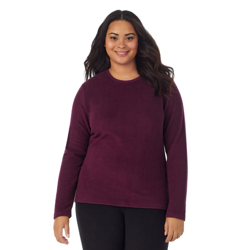 Purple Beet;'Model is wearing size 1X. She is 5’11”, Bust 36”, Waist 36.5”, Hips 47.5”.@A lady wearing purple beet fleecewear with stretch long sleeve crew plus.