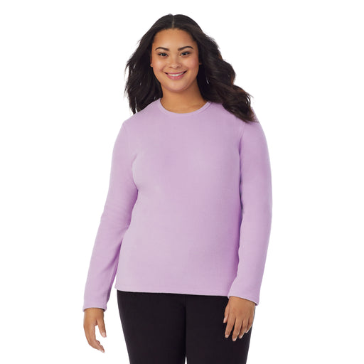 Purple Rose;'Model is wearing size 1X. She is 5’11”, Bust 36”, Waist 36.5”, Hips 47.5”.@A lady wearing purple rose fleecewear with stretch long sleeve crew plus.
