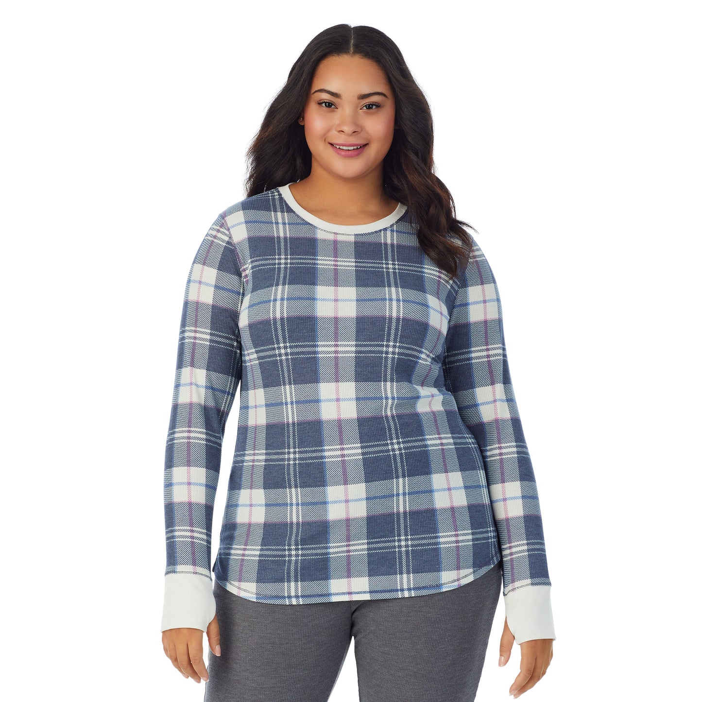 Blue Plaid; Model is wearing size 1X. She is 5’11”, Bust 36”, Waist 36.5”, Hips 47.5”. @A lady wearing a  Blue Plaid long sleeve crew plus.