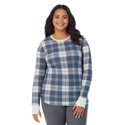 Blue Plaid; Model is wearing size 1X. She is 5’11”, Bust 36”, Waist 36.5”, Hips 47.5”. @A lady wearing a  Blue Plaid long sleeve crew plus.