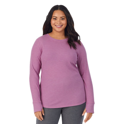 Mulberry Mist Heather; Model is wearing size 1X. She is 5’11”, Bust 36”, Waist 36.5”, Hips 47.5”. @A lady wearing a Mulberry Mist Heather long sleeve crew plus.