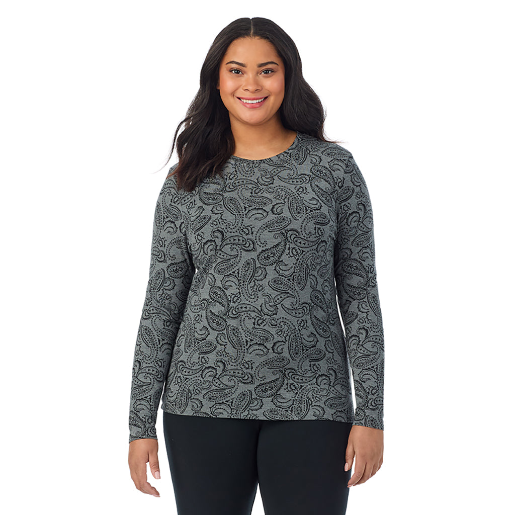 Charcoal Heather Paisley; Model is wearing size 1X. She is 5'11", Bust 36", Waist 36.5", Hips 47.5". @A lady wearing a charcoal heather paisley long sleeve crew plus.