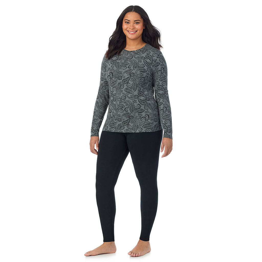 Charcoal Heather Paisley; Model is wearing size 1X. She is 5'11", Bust 36", Waist 36.5", Hips 47.5". @A lady wearing a charcoal heather paisley long sleeve crew plus.