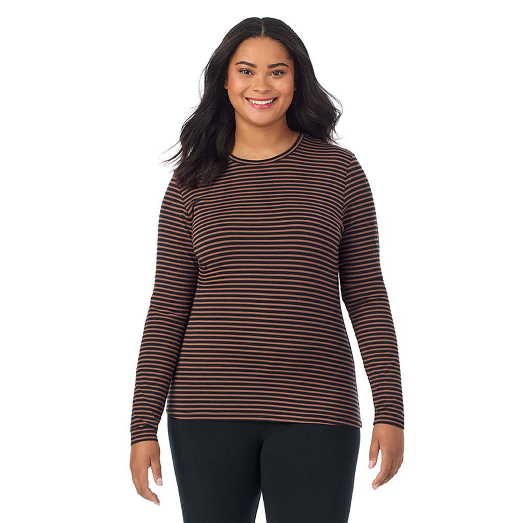 Pecan Stripe; Model is wearing size 1X. She is 5'11", Bust 36", Waist 36.5", Hips 47.5". @A lady wearing a pecan stripe long sleeve crew plus.