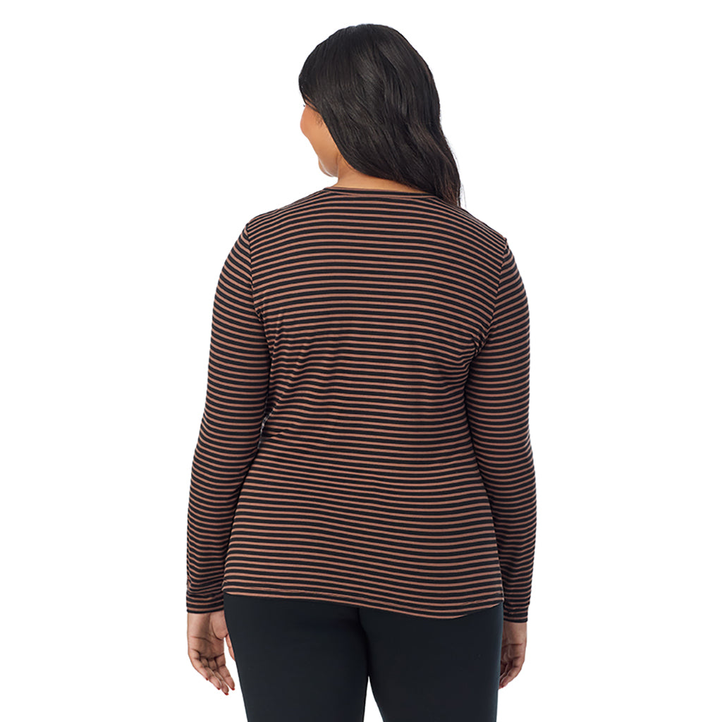 Pecan Stripe; Model is wearing size 1X. She is 5'11", Bust 36", Waist 36.5", Hips 47.5". @A lady wearing a pecan stripe long sleeve crew plus.